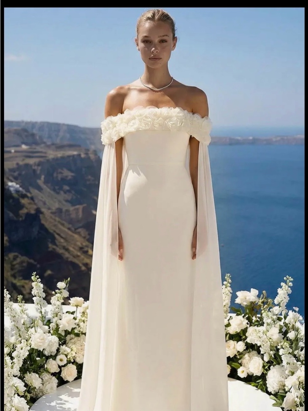 Elegant Off-Shoulder Cream Dress with Floral Trim